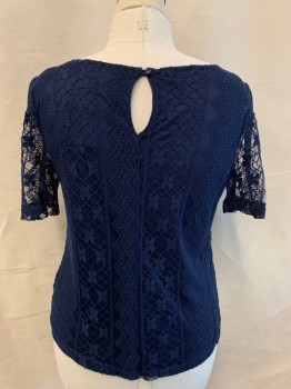 Womens, Top, BOBEAU, Navy Blue, Cotton, Polyester, Solid, Floral, L, Short Sleeves, Bateau/Boat Neck, Floral Lace, Keyhole Back, 1 Button at Back, Solid Lining, MULTIPLE