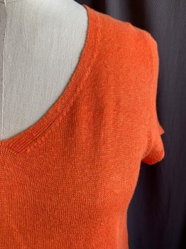 Womens, Pullover, EILEEN FISHER, Orange, Linen, Solid, S, V-neck, Short Sleeves