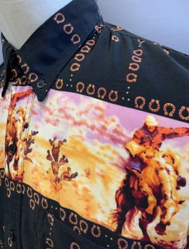 Mens, Casual Shirt, POOL JORCH, Black, Brown, Lilac Purple, Apricot Orange, Rayon, Novelty Pattern, L, Wild West Cowboys Riding Into the Sunset Across Chest, Stripes of Horseshoes, S/S, Button Front, Collar Attached, Button Down Collar, 1 Pocket with 1 Button