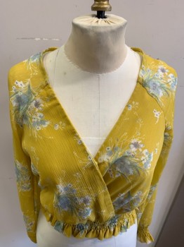 Womens, Top, 4SIENNAI, Mustard Yellow, Dusty Blue, White, Lilac Purple, Polyester, Floral, S, L/S, Surplice V Neck, Smock Waist, Ruched Cuffs, Gauze Fabric