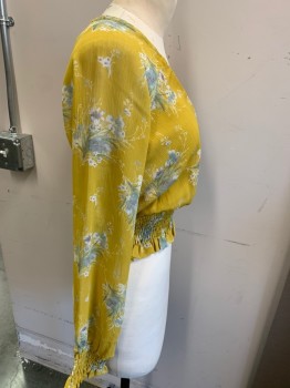 Womens, Top, 4SIENNAI, Mustard Yellow, Dusty Blue, White, Lilac Purple, Polyester, Floral, S, L/S, Surplice V Neck, Smock Waist, Ruched Cuffs, Gauze Fabric