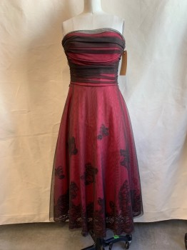 Womens, Cocktail Dress, BCBG, Pink, Brown, Polyester, Acetate, Solid, 2, Strapless, Gathered Bust, Pink Dress with Brown Mesh Overlay & Brown Lace Appliqué, Zip Back