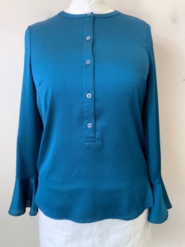 Womens, Blouse, DKNY, Teal Blue, Polyester, Solid, L, L/S, Crew Neck, 5 Buttons, Bell Cuffs