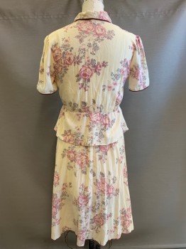 NO LABEL, Cream, Red Burgundy, Rose Pink, Dusty Green, Polyester, Cotton, Floral, S/S, Button Front, C.A., Notched Lapel, Decorative Chest Pocket, Waist Skirt