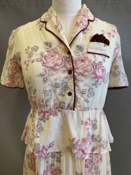 NO LABEL, Cream, Red Burgundy, Rose Pink, Dusty Green, Polyester, Cotton, Floral, S/S, Button Front, C.A., Notched Lapel, Decorative Chest Pocket, Waist Skirt