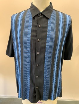 Mens, Casual Shirt, NAT NAST, Black, Blue, Silk, Geometric, Stripes - Vertical , XL, Button Front, S/S, C.A., Has Large Dart CB That Can Be Taken Out