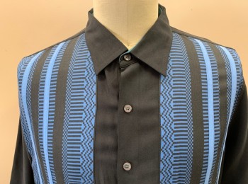 Mens, Casual Shirt, NAT NAST, Black, Blue, Silk, Geometric, Stripes - Vertical , XL, Button Front, S/S, C.A., Has Large Dart CB That Can Be Taken Out