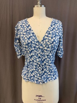 Womens, Blouse, REFORMATION, French Blue, White, Polyester, Floral, M, V-N, S/S, Button Front,