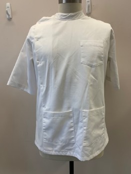 Unisex, Smock/Wrap, MANDEL, White, Cotton, Polyester, Solid, 46, Band Collar, S/S, 3 Pckts, Right Snap Front,