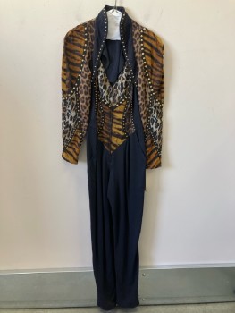 CACHE, Black, Brown, Animal Print, Queen Ann Neckline, L/S, Front Zip, Elastic Waist Band  On Back, Black Bands With Gold Round Studs, 2 Pckts,