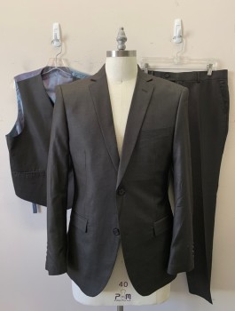 Mens, Suit, Jacket, VITALI, Dk Brown, Viscose, Polyester, Solid, 40S, 2 Button, Flap Pockets, Double Vent