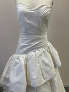 Womens, Wedding Gown, N/L, Off White, Polyester, Solid, 2, Strapless, Sweetheart Neckline, Boning, Side Pleats, 3 Tier Skirt, Back Zip With Self Buttons, Stained Back And Train