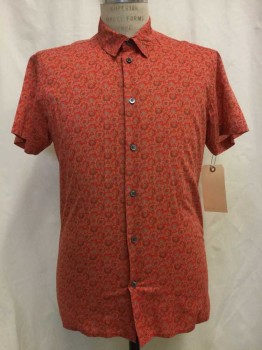 Mens, Casual Shirt, MARC BY MARCJACOBS, Red-Orange, Red, Taupe, Coral Orange, Cotton, Floral, M, Red Orange with Red/taupe/coral Orange Floral Print, Button Front, Collar Attached, Short Sleeves,