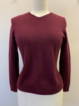 Womens, Pullover, NO LABEL, Wine Red, Cashmere, Solid, XL, Pullover, V Neck, L/S