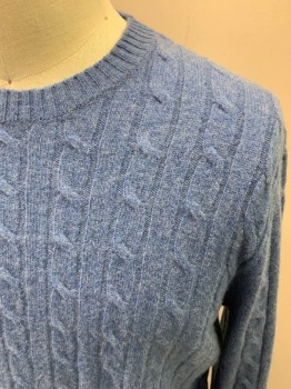 Mens, Pullover Sweater, BROOKS BROTHERS, Blue, Wool, Solid, 2 Color Weave, L, L/S, CN, Cable Knit, Variegated Color