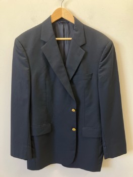 BROOKS BORTHERS, Navy Blue, Wool, Solid, SB. 2 Btns, Notched Lapel, 3 Pckts, Signature Gold Buttons