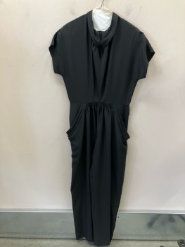 MONDI, Black, Polyester, Solid, Crepe Back Satin, Round Neck with Novelty Collar And Key Hole CF, Cap Sleeves, Shoulder Pads, Back Zip, Smocked At Front Waist Between 2 Draped Pocket Openings, Belt Loops, Wide Legs