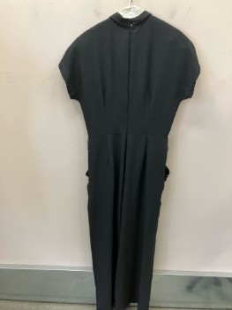 MONDI, Black, Polyester, Solid, Crepe Back Satin, Round Neck with Novelty Collar And Key Hole CF, Cap Sleeves, Shoulder Pads, Back Zip, Smocked At Front Waist Between 2 Draped Pocket Openings, Belt Loops, Wide Legs