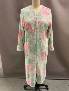 Womens, SPA Robe, MISS ELAINE, Mint Green, Pink, Teal Green, Cream, Polyester, Floral, M, Zip Front, L/S, Round Neck With Slit, Tassel Zipper, Roses/Carnation Print, Fleece