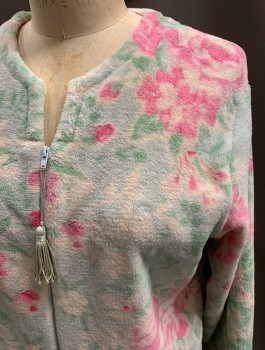 Womens, SPA Robe, MISS ELAINE, Mint Green, Pink, Teal Green, Cream, Polyester, Floral, M, Zip Front, L/S, Round Neck With Slit, Tassel Zipper, Roses/Carnation Print, Fleece