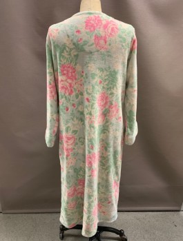 MISS ELAINE, Mint Green, Pink, Teal Green, Cream, Polyester, Floral, Zip Front, L/S, Round Neck With Slit, Tassel Zipper, Roses/Carnation Print, Fleece