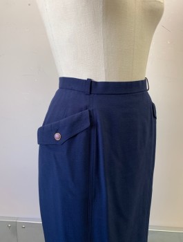 Womens, Skirt, Knee Length, DELCY, Navy Blue, Wool, Solid, W:26, Pencil Skirt, 2 Large Hip Pockets with Lavender Accent Buttons, Small Belt Loops at Waistband