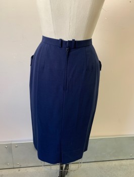 Womens, Skirt, Knee Length, DELCY, Navy Blue, Wool, Solid, W:26, Pencil Skirt, 2 Large Hip Pockets with Lavender Accent Buttons, Small Belt Loops at Waistband