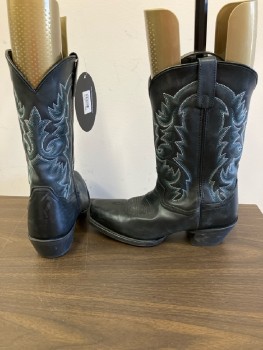 Mens, Cowboy Boots , LOREDO, 8D, Black Leather Square Toe, Teal/Gray Ombre Stitching, Fabric Lining