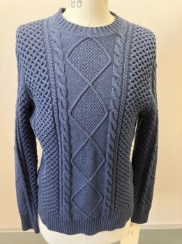 Mens, Pullover Sweater, BROOKS BROS, Navy Blue, Cotton, Faded, Cable Knit, M, L/S, CN,