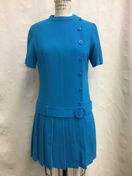 Turquoise Blue, Wool, Solid, Short Sleeve,  Bttn Detail Down Left Side Drop Waist Pleated Mini Zip Back Belt Applique