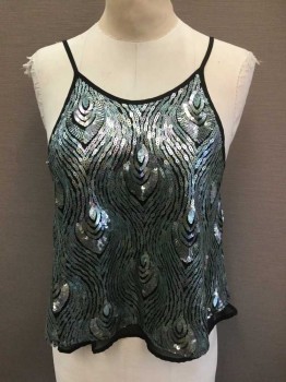 Womens, Top, ASTR, Black, Lt Green, Metallic, Polyester, Sequins, Abstract , XS, Black Sheer Net Base, with Light Green Metallic Sequins, Spaghetti Straps, with Cross Strap At Back, Semi Cropped Length