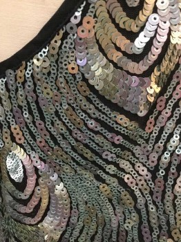 ASTR, Black, Lt Green, Metallic, Polyester, Sequins, Abstract , Black Sheer Net Base, with Light Green Metallic Sequins, Spaghetti Straps, with Cross Strap At Back, Semi Cropped Length