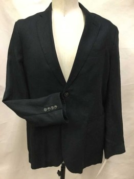 Mens, Sportcoat/Blazer, TASSO ELBA, Black, Linen, Solid, 46R, Single Breasted, 2 Buttons, Pick Stitched Notched Lapel, Light Blue and White Micro Stripe Lining, 3 Patch Pockets,