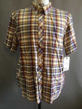 FRED PERRY, Red Burgundy, Navy Blue, Ochre Brown-Yellow, Cream, Cotton, Plaid, Short Sleeve,  Button Front, Button Down Collar, 1 Pocket,