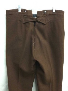 NO LABEL, Brown, Wool, Solid, Flat Front, Button Fly, Suspender Buttons, Back Adjustable Buckle, Stain On Seat Of Pant, Side Pockets,