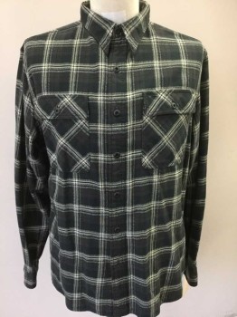 RALPH LAUREN, Charcoal Gray, Off White, Dk Brown, Cotton, Plaid, Long Sleeves, Button Front, Collar Attached, 2 Pockets with Flaps
