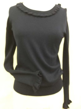 BODEN, Navy Blue, Cotton, Wool, Solid, Round Neck with Ruffle Trim, Long Sleeves with Long Rib Knit Cuffs with Ruffle Trim