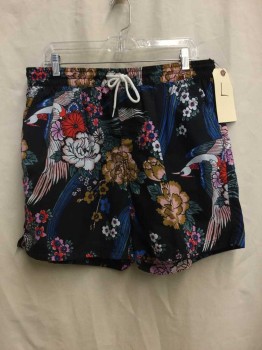 Mens, Swim Trunks, UBRAN OUTFITTERS, Black, Multi-color, Synthetic, Floral, L, Black with Colorful Floral & Bird Print