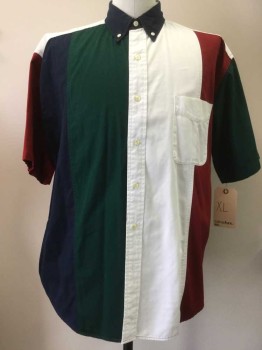 STRUCTURE, Dk Green, Navy Blue, Cranberry Red, White, Cotton, Color Blocking, Button Front, Button Down Collar, Short Sleeves, 1 Pocket,