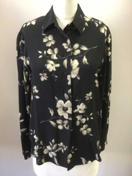 JONES NY, Black, Tan Brown, Silk, Floral, Button Front, Collar Attached, Long Sleeves,
