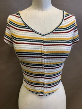 Womens, Top, Q USA, White, Maroon Red, Teal Blue, Goldenrod Yellow, Gray, Polyester, Rayon, Stripes - Horizontal , S, V-neck, Rib Knit, Cap Sleeves