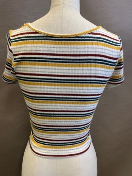 Womens, Top, Q USA, White, Maroon Red, Teal Blue, Goldenrod Yellow, Gray, Polyester, Rayon, Stripes - Horizontal , S, V-neck, Rib Knit, Cap Sleeves