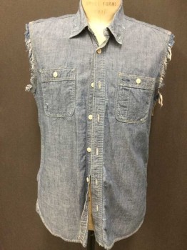 GAP 1969, Blue, Cotton, Solid, Cut Off Sleeves, Button Front, Collar Attached, Aged/Distressed, Chambray, 2 Pockets