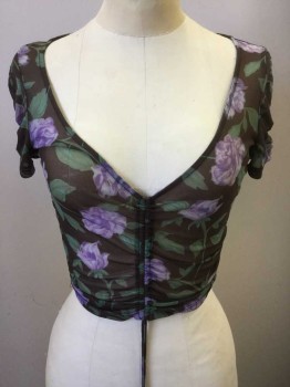 OUT FROM UNDER, Brown, Purple, Lavender Purple, Green, Synthetic, Floral, Sheer Power Net, Printed Purple Roses, Cropped, Gathered Center Front, and Center of Short Sleeves,