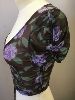 Womens, Top, OUT FROM UNDER, Brown, Purple, Lavender Purple, Green, Synthetic, Floral, S, Sheer Power Net, Printed Purple Roses, Cropped, Gathered Center Front, and Center of Short Sleeves,