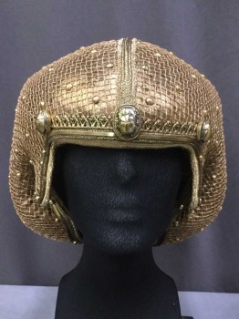 Unisex, Historical Fiction Headpiece, MTO, Gold, Copper Metallic, Gold, Fiberglass, Synthetic, Metallic Copper W/gold Netting & Studs. Gold Ribbon & Flat Wire Along Face Trim & Scarabs Beetles Studs Attached, Gold Ribbon Along Top Center