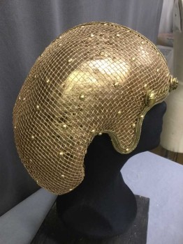 Unisex, Historical Fiction Headpiece, MTO, Gold, Copper Metallic, Gold, Fiberglass, Synthetic, Metallic Copper W/gold Netting & Studs. Gold Ribbon & Flat Wire Along Face Trim & Scarabs Beetles Studs Attached, Gold Ribbon Along Top Center