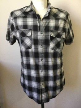 DECREE, Black, White, Gray, Cotton, Plaid, Collar Attached, Short Sleeves, 2 Flap Pocket, Western Yoke, Embroidery