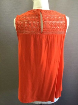 Womens, Top, OLD NAVY, Orange, Rayon, Viscose, Solid, M, Sleeveless, Crochet Yoke, Scoop Neck, Keyhole Center Back with Button Loop Closure, Gathered at Yoke Front