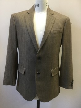 Mens, Sportcoat/Blazer, STAFFORD, Brown, Wool, Herringbone, 40R, Single Breasted, Collar Attached, Notched Lapel, 2 Bttns, 3 Pckts,